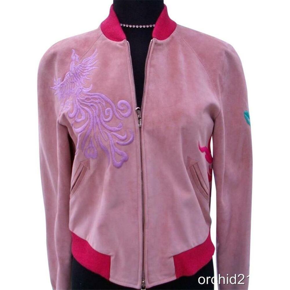 Donald Pliner Suede Leather Bomber Jacket Coat Embroidery New Lined NWT $1500 - Picture 4 of 8